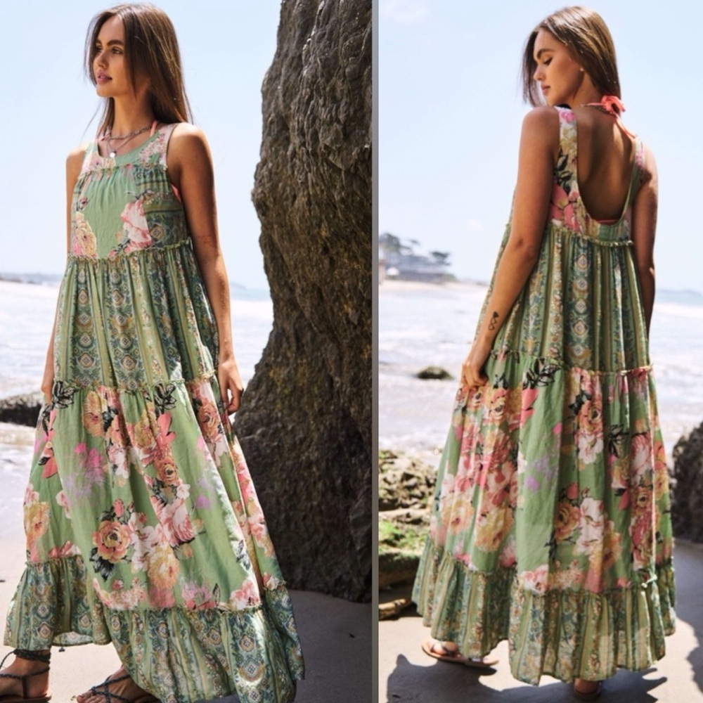 42. LAST 1! Green lined flower Bohemian FLORAL MAXI Long flowy sleeveless Dress - Picture 2 of 6